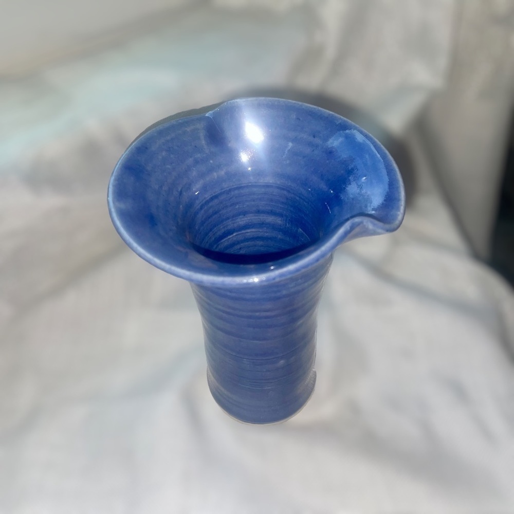 Handmade Signed Blue Ceramic Glazed Wavy Top Vase 7” Vintage MCM Art Pottery